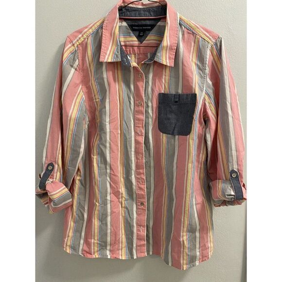 TOMMY HILFIGER -WOMENS BUTTON DOWN- LONG SLEEVE WITH 3/4 ROLL UP SLEEVE - SIZE L - Picture 4 of 9
